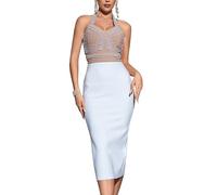 Elegant Beaded Halter Wedding Guest Dress Formal Evening Gowns Bandage Dress Bodycon Celebrity Club Party Dress, White, XL