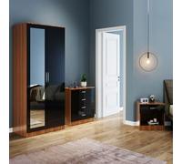 ELEGANT Bedroom Furniture Sets for Bedroom Storage High Gloss Home Closet 2 Door Wardrobe with Mirror and 4 Drawer Chest and Bedside Cabinet, Black on Walnut