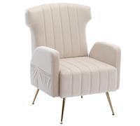 Elegant Beige Velvet Wingback Accent Chair - Stylish Upholstered Armchair with Metal Legs for Living Room Bedroom Office - Modern Single Sofa Furniture