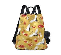 Elegant Birds Vintage Golden Women's Backpack, Daypack with Back Zip Opening, Multiple Pockets and Pom Pom Keychain