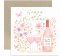 Elegant Birthday Card for Loved One, 'Happy Birthday With Love' Rose Wine Chic Design, for Sister Colleague Mum Daughter Bestie, Blank Inside with Envelope