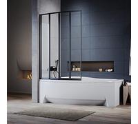 ELEGANT Black 4 Panel Folding Bath Shower Screen,1000mm Over Bath Shower Screen Door Toughened Safety Clear Glass Bathtub Door Pivot Swing Panel