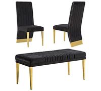 Elegant Black and Gold 3-Piece Dining Set Includes 2 Velvet Channel Back Chairs & Bench Stylish Dining Room Furniture for 4 Modern Home Decor
