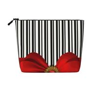 Elegant Black and White Stripes and Red Bow, Cosmetic Bag Imitation Linen Makeup Bag Portable Travel Toiletry Bag