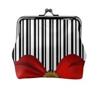Elegant Black and White Stripes and Red Bow, PU Leather Coin Purse, Small Wallets, Change Pouch with Kiss Lock Clasp Buckle, Change Purse