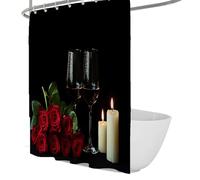 Elegant Black Background Shower Curtain Romantic Red Roses Burning Candles and Wine Glasses Shower Curtain Luxury Bathroom Decor Waterproof 90 x 180 cm