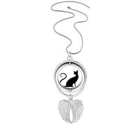 Elegant Black Cat Animal Outline Pendant Angel Wings Rotating Necklace Jewelry