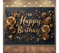 elegant black gold 60th birthday party background cloth solemn floral design of roses and leaves banner