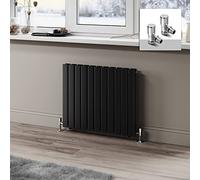 ELEGANT Black Horizontal Radiator 600 x 748mm Flat Panel Designer Radiator Double Panel Central Heating Radiator with Chrome Angled Radiator Valves