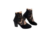 Elegant Black Lace Ankle Boots with Floral Patterns Trendy Chunky Heel Zip Work Formal Breathable Lightweight Mesh Upper Party Women's Closed Toe High Heels Sandals Back Zipper Heeled Bootie