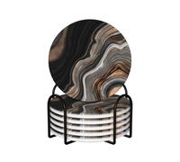 Elegant Black Marble With Gold And Copper Veins,Round Ceramic Coasters, Mugs Pad, Cups Mat Set of 6 Drinks Coasters With Holder