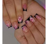 Elegant Black Red Flower Nails Art Stickers Press on Quick Application 24pcs Daily Fingernails French Red Floral Press on