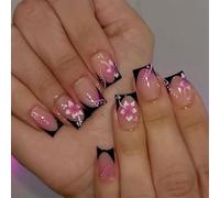 Elegant Black Red Flower Nails Art Stickers Press on Quick Application 24pcs Daily Fingernails French Red Floral Press on