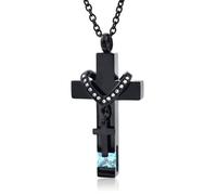 Elegant Black Stainless Steel Cremation Cross Necklace Set - Urn Pendant Holds Ashes + Mini Diamond Cross Charm, Waterproof, Hypoallergenic, Gift Box (Light Blue)