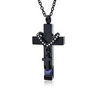 Elegant Black Stainless Steel Cremation Cross Necklace Set - Urn Pendant Holds Ashes + Mini Diamond Cross Charm, Waterproof, Hypoallergenic, Gift Box (Dark Purple)