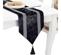 Elegant Black Table Runner, Ombre Velvet, Sequin Rhinestone, 13"X120" | Table Runners 120 Inches Long, Dual Bling Diamante Stripes, Tassels, Modern Style for Dining Bedroom Dresser Hallowmas