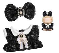 Elegant Black Tweed Doll Clothing Set, Bow Hair Clip, Pearl Brooch, White Elastic Headband, Classic Style (Black)