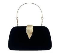 Elegant Black Velvet Evening Clutch with Gold Feather Accent, Small Handbag with Chain Strap, 20x4x10.2cm