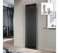 ELEGANT Black Vertical Radiator 1800x490mm Tall Upright Oval Column Single Panel Modern Central Heating with Chrome Thermostatic Radiator Valves