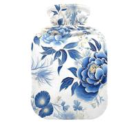 Elegant Blue and Gold Flower Water Bottle for hot Water with Soft Cover, 2L hot compresses for The Body for Menstrual Cramps, Neck and Shoulder Pain Relief, Pain Relief