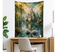 Elegant Blue and Green Tapestry, Swans and Castle Nature Wall Hanging, Enchanted Tapestries Aesthetic for Living Room, Bedroom, Home Decor 40x60 Inch