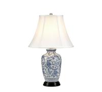 Elegant Blue And White Porcelain Table Lamp With Wooden Base And Led Bulb