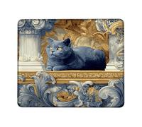 Elegant Blue Cat Ornamental Mouse Pad, Vintage Gold Floral Design Non-Slip Gaming Mousepad, Perfect for Home Office Desk Accessories Square 8x10 Inch