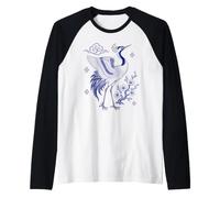 Elegant Blue Crane Bird Floral Botanical Oriental Artwork Raglan Baseball Tee