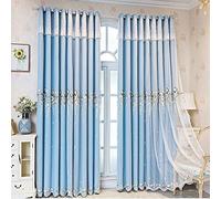Elegant Blue Double Layer Curtains with Valance for Living Room & Bedroom Luxury Floral Design Perfect for Girls' Room 66 x 90 Inch European Style.