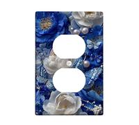 Elegant Blue Floral Light Switch Cover Plate/Outlet Covers, Butterfly and Pearl Design for Home Decor, Thermoplastic Wall Plates, Standard Size Single Duplex Outlet