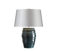 Elegant Blue Glazed Table Lamp With Silver Sheer Fabric Shade