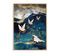 Elegant Blue & Gold Abstract Birds Print | Modern Oriental Home Decor | Gilded Mountains & Sky Artwork for Living Room, Bedroom, or Office (Navy Gold Cranes, A3-29.7x42cm, Unframed)
