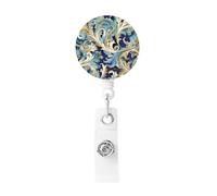 Elegant Blue Gold Florentine Badge Reels Retractable with Belt Clip, Lightweight Plastic Name Card Holder Retractable Keychain ID Badge Holder Funny Name Badge Clip for Work Nurse Gifts