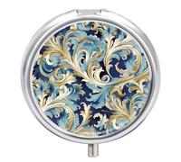 Elegant Blue Gold Florentine Pill Box 3 Compartment Waterproof Pill Case with Mirror Portable for Purse Pocket Daily Medicine Vitamin Organizer Travel Med Container Holder for Fish Oil Supplements