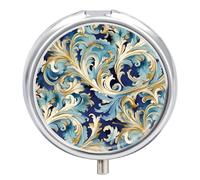 Elegant Blue Gold Florentine Pill Box Round Pill Case for Purse & Pocket 3 Compartment Medicine Pill Organizer Portable Travel Pillbox Medicine Vitamin Cod Liver Oil Storage Box