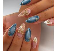 Elegant Blue Gradient Press On Nails Short Almond Shape - 24Pcs 3D Gold French Tip False Nails Handmade Set Glitter Ombre Acrylic Square Stick Tips for Women Autumn Wedding Party Holiday Halloween