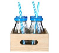 Elegant Blue Straws And Lids Glass Drinking Bottles, Convenient Clear Glass Jars, Versatile Glass Bottles
