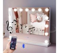 ELEGANT Bluetooth Hollywood Vanity Mirror with Lights, 58x45cm Makeup Mirror with 15 Dimmable LED Bulbs, 3 Color Lighting Modes, USB Output Port Tabletop or Wall Mounted Vanity Mirror for Bedroom