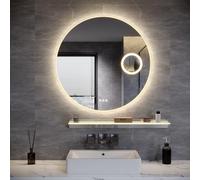 ELEGANT Bluetooth Round Bathroom Mirror with LED Lights, 800mm LED Bathroom Mirror Wall Mounted with 3x Magnifier, 3 Colors Dimmable Light, Anti-Fog, 80cm Floating Shelf with LED Lighting