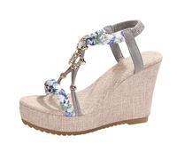 Elegant Bohemia Beach Shoes Women's Summer Sandals Strappy Sandals Slippers with Rhinestone Beads Roman Sandals Summer Wedge Sandals Bohemia Glitter Sandals Beach Comfortable Platform Shoes, blue, 9