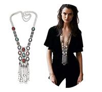 Elegant Bohemian Rose Retro Rhinestone Turquoise Silver Gold Long Ethnic Chain Necklace For Women