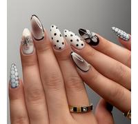 Elegant Bold French Tip Press On Nails with Floral Accents & Geometric Patterns - Medium Almond False Nails Set for Women DIY Manicure Art Kit Stickers Wraps Autumn Strips