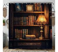Elegant Bookcase Shower Curtain, Vintage Dark Brown Library Decor for Bathroom, Autumn Inspired Classic Style Waterproof Fabric Curtain Set with Hooks 72x72 Inch