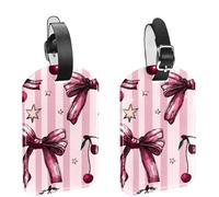 Elegant Bow Knots Cherry Berry and Stars on Striped Pink Background Luggage Tags for Suitcase, 2 Pack Leather Baggage Identifier with Privacy Flap and Name ID Label for Women Men Travel