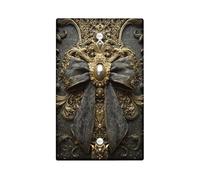 Elegant Bow Light Switch Cover Plate/Outlet Covers, Antique Gold with Dark Grey Satin Bow for Home Decor, Vintage Style, Wedding or Event Accents Blank Cover Plate