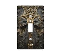 Elegant Bow Light Switch Cover Plate/Outlet Covers, Antique Gold with Dark Grey Satin Bow for Home Decor, Vintage Style, Wedding or Event Accents Single Toggle