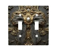 Elegant Bow Light Switch Cover Plate/Outlet Covers, Antique Gold with Dark Grey Satin Bow for Home Decor, Vintage Style, Wedding or Event Accents Double Toggle