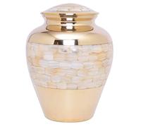 Elegant Brass Mother of Pearl Cremation Urn for Adult Ashes - Premium Handcrafted Memorial Burial Urn with Gold Accents - Large Secure Funeral Ashes Container with Threaded Lid