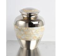 Elegant Brass Mother of Pearl Cremation Urn for Adult Ashes - Premium Handcrafted Memorial Burial Urn with Silver Accents - Large Secure Funeral Ashes Container with Threaded Lid