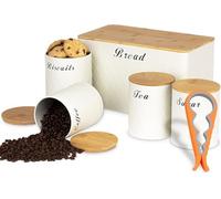 Elegant Bread Bin Set Stylish Cream Canisters sets Storage Tins for Kitchen, Biscuit Barrel with Round, tea coffee sugar canisters Set for Modern Kitchen tea coffee sugar canisters Bamboo Airtigh Lids